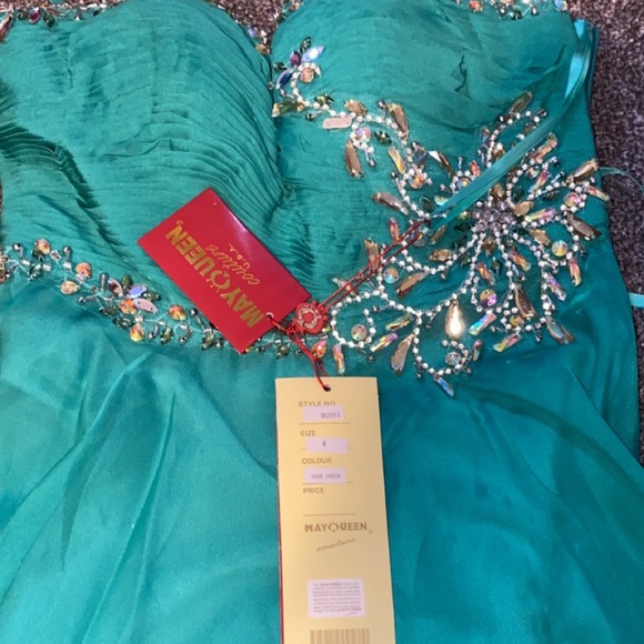 Sage Chiffon Strapless Gown & Shawl - Picture 3 of 4